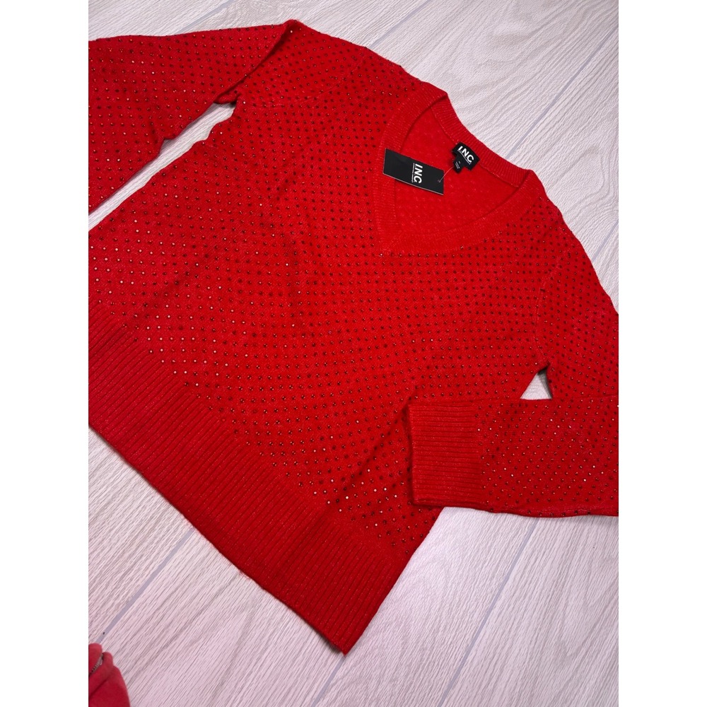 INC International Concepts Red Embellished V-Neck Wool Alpaca Sweater Medium NEW - Picture 2 of 5